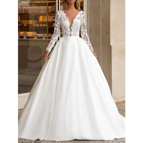 A-Line Series Wedding Dress V-neck Luxury Lace Tulle Soft Satin Long Sleeved Open Back Bridal Gown 2021 свадебное платье
