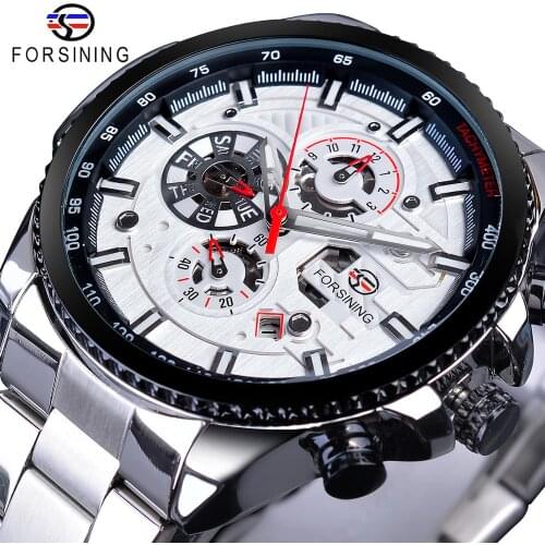 Forsining Top Brand Luxury Date Luminous Hands Complete Calendar Mens Automatic Watches Silver Stainless Steel Strap Wrist Watch