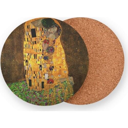 Gustav Klimt Oil Painting Round Shape Wooden Coasters Dia 10cm Wine Coffee Tea Cup Mats Home Decor Cork Coasters For Glasses