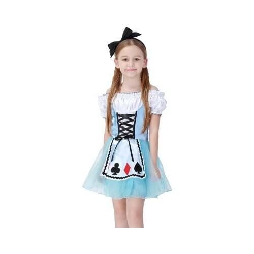 Children girl blue alice in wonderland halloween costume for kids party lolita maid dress Alice queen of poker costume