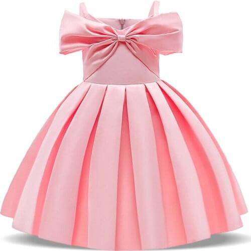 2021 Summer Kids Pink One Shoulder Dress For Girl Children Costume Party Princess Dresses Girls Vestido Wedding Big Bow Clothes