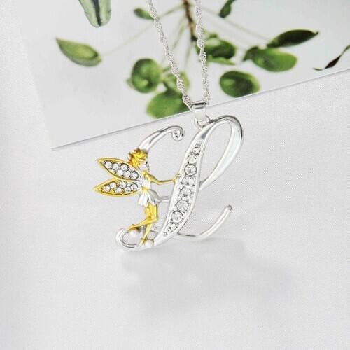 Itenice Lovely Crystal 26 letters Flower Fairy Necklaces For Women Girls Sparkling Rhinestone Fay Wing Pendant Necklace Jewelry