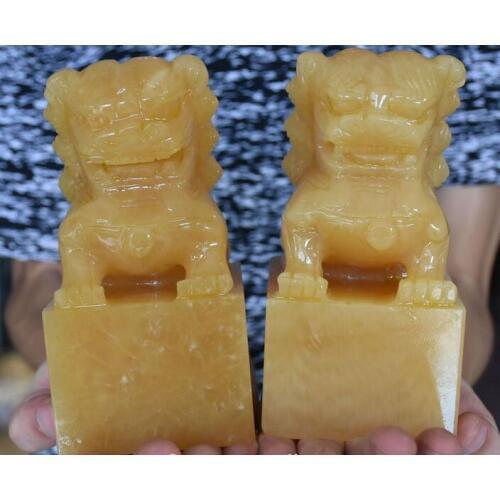 Chinese Natural Yellow Jade Foo Fu Dog Guardion Lion Imperial Stamp Signet Pair