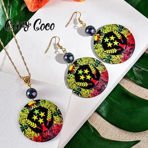 Cring Coco National Flag Pendant Necklace Set Fashion Polynesian Hawaiian Marshall Acrylic Round Holiday Jewelry Sets for Women