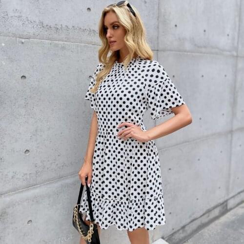 Summer New Fashion Sexy Casual O-neck Dress Bohu Short Sleeve Long Top Yellow Polka Dot Loose Ruffle Patchwork Ladies Dress
