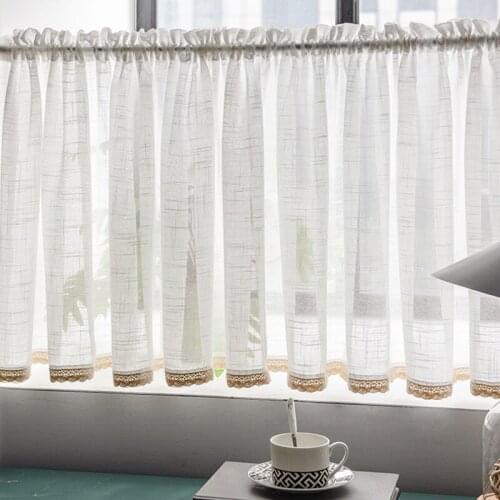 Linen Lace Kitchen Window Curtain Valance Rod Pocket Privacy Semi Sheer Elegant Half Curtains Treatment for Bathroom Cafe TJ6431