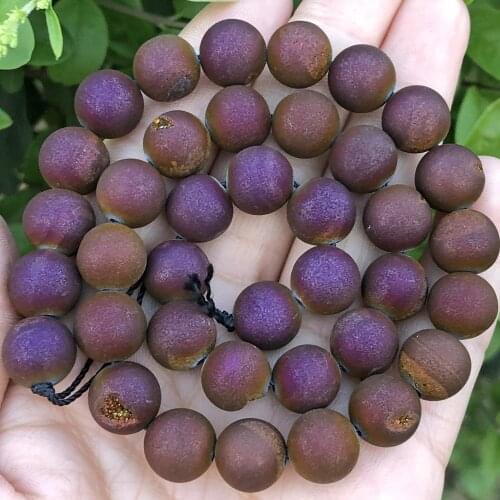 Frosted Wine Red Metallic Coated Druzy Agates Onyx Natural Stone Loose Mineral Spacer Beads For Jewelry Making Diy Bracelet 15"