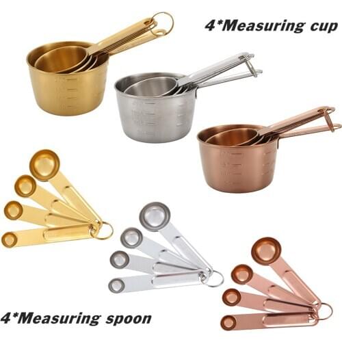 Measuring Cups And Spoons Set Of 8 Engraved Measurements,Stainless Steel Pouring Spouts & Mirror Polished For Baking