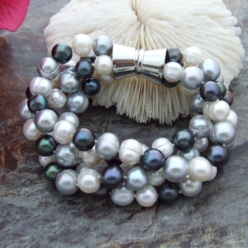 Natural freshwater pearls 8" 4Strands 8-9MM Round Multi Color Pearl Bracelet magnet clasp
