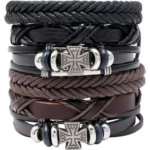 New Trendy 6pcs/set Woven Punk Bangles Vintage Alloy Cross Charm Leather Women Bracelets Men Femme Homme Wholesale Jewelry