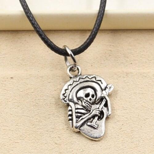 New Fashion Tibetan Silver Color Pendant Skull Guitar Necklace Choker Charm Black Leather Cord Factory Price Handmade Jewelry