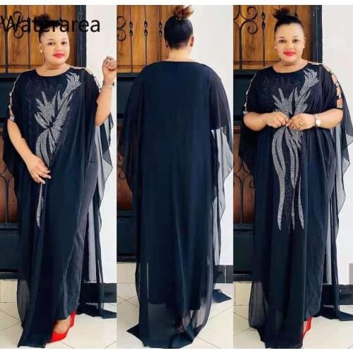 Waterarea African Plus Size Two Piece Set For Women O-Neck Diamond Chiffon Long Dress Robe 2 Piece Sets