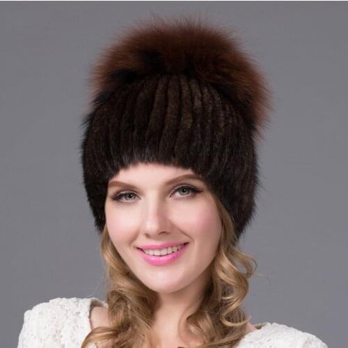New Leather Knitted Mink Fur Hat With Silver Fox Fur Hat Women Winter Plush Hat Plush Hat Elastic Flat Cap DHY-26