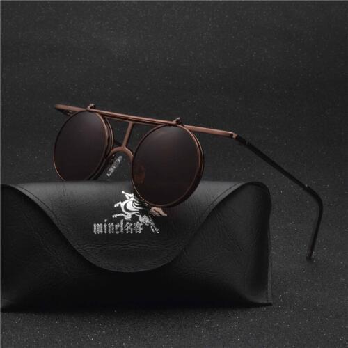 MINCL/ Small Round punk Sunglasses Men Women Flip Up lens Punk Sun Glasses for Male Vintage Goggles NX