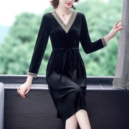 Autumn Women Gold Velvet Elegant Vintage Midi Dress Vestidos 2020 Winter Casual 3XL Plus Size Black Sexy Bodycon Party Dresses