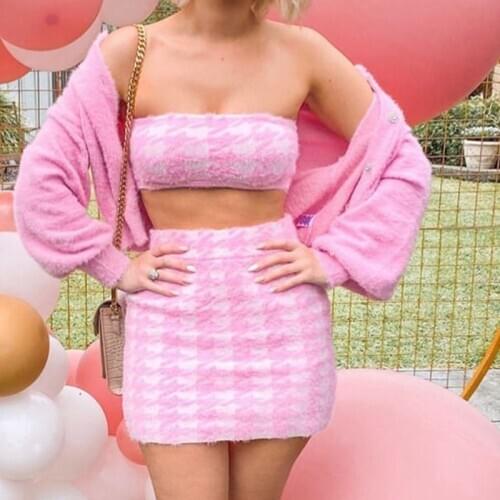2020 Vintage crop sweater long sleeve cardigan mohair button crop cardigan pink houndstooth tube crop top sexy mini skirt women