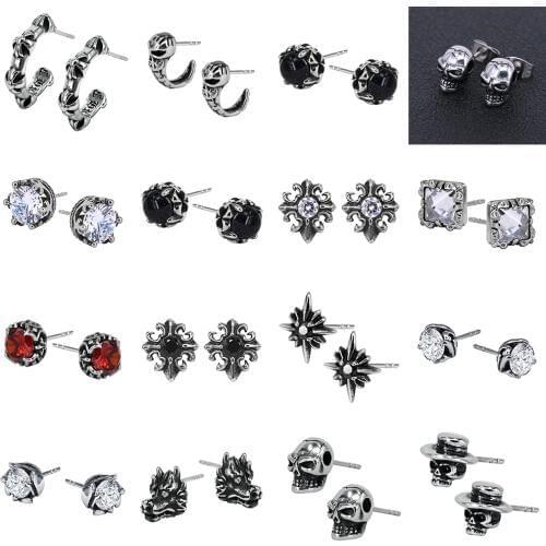 ZS 1 Pair Punk Skull Studs Earrings for Men Hip Pop 316L Stainless Steel Earring Stud Boys' Rock Roll K Pop Ear Piercing Jewelry