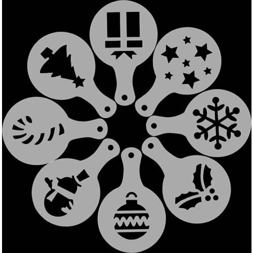 8Pcs Christmas Coffee Stencils Template Snowflake Appuccino Latte Pull Flower Stencils For Xmas New Year Party Decor Cake Mould