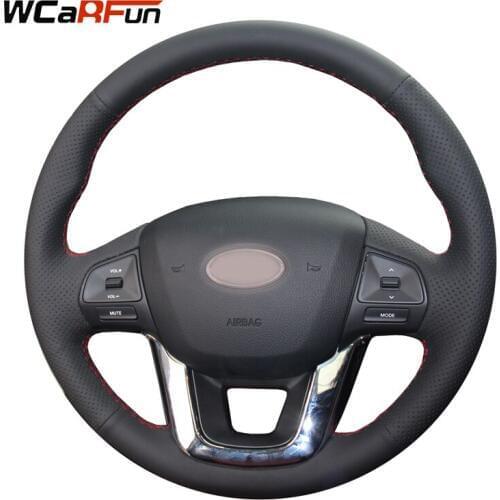 WCaRFun Hand-Stitched Auto Steering Cover Black genuine Leather Car Steering Wheel Cover for Kia K2 Kia Rio 2011 2012 2013