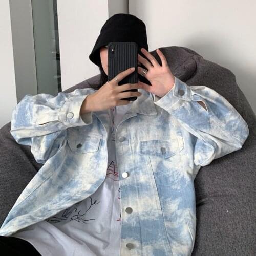 Harajuku Boyfriends Plus Size White Blue Gradient Jean Jacket Women 2021 New Korean Style Tie-Dye Jacket Shirt Loose Denim Coat