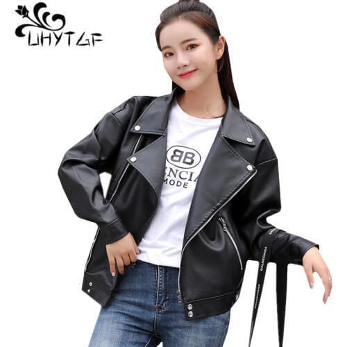UHYTGF Womens leather jacket High quality PU leather spring autumn jacket female elegant Student short coat plus size tops 312