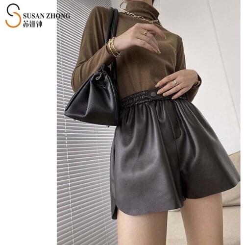 Women Shorts Female Bottoms Autumn Winter Loose Pu Faux Leather Elastic High Waist Pocket Buttons Shirring Romantic Vintage Sexy