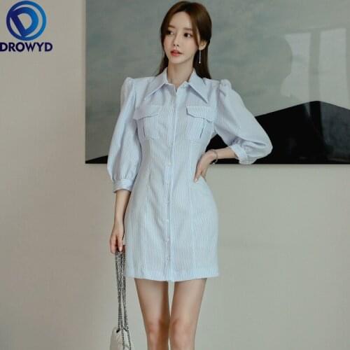 Korean Office Lady Dress 2021 Summer Single Breasted Shirt Dress Seven Quarter Puff Sleeve Turn-Down Collar Striped Dress Women