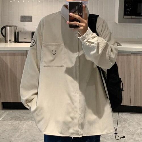 21 autumn smiley face embroidery corduroy single-breasted button shirt 4 colors