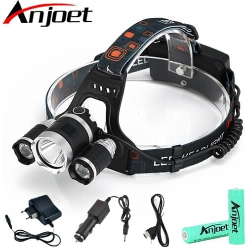 Anjoet LED Headlight Chips 3x XM-L T6 LED Head Lamp Flashlight Lanterna 4 Switch Model Led Headlamp Choose For Camping