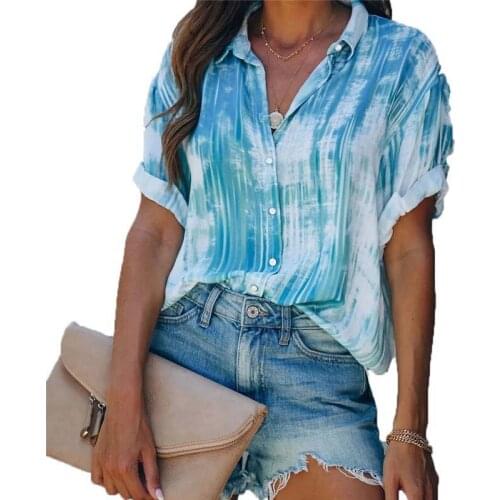 Striped Contrast Printing Stand Collar Short Sleeve Flanging Button Tops And Blouses Women Casual Streetwear Loose Shirts