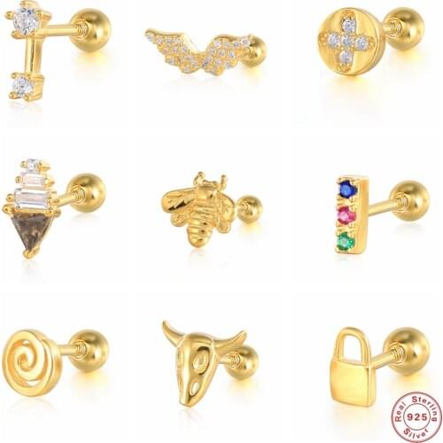 BOAKO 925 Sterling Silver Cubic Zirconia Jeweled Angel Wing Stud Earrings For Women Tiny Bull Head Bee Lock Bar Ear Studs Jewel