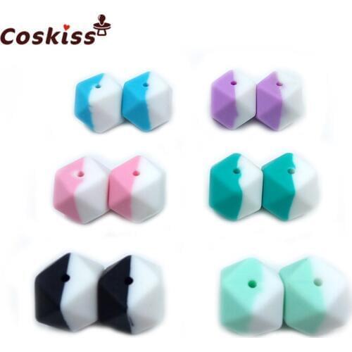 Coskiss 10pc Silicone Beads for Teether Double color 17mm Geometric/hexagon DIY baby Chewing Jewelry Teethers necklace/Bracelet