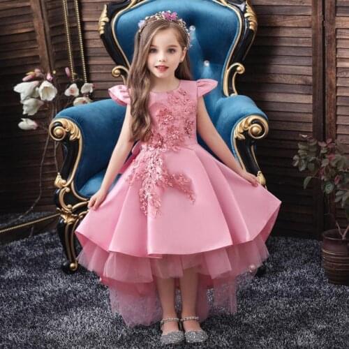 Baby Girls Beading Wedding Trailing Tuxedo dress Satin Wedding Party Flower Princess Dresses for Toddler Children Clothes