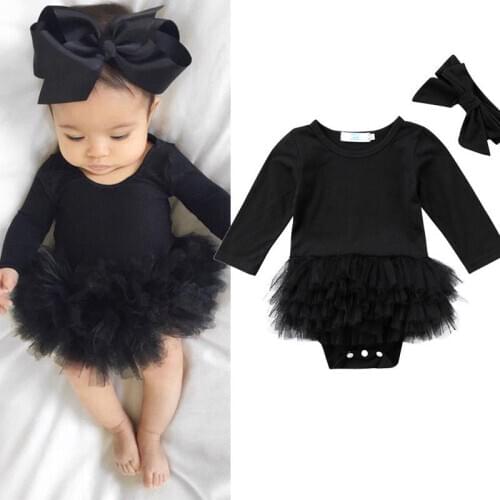 Newborn Infant Baby Girl Romper Jumpsuit Bodysuit Ruffle Clothes Headband Outfit Sets Spring Black Clothes 0-24M