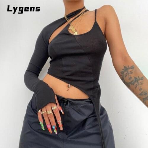 Lygens 2021 Summer Women Single Shoulder T Shirt Patchwork Irregular Crop Top Lace Up Bodycon Sexy Streetwear Club Clothes