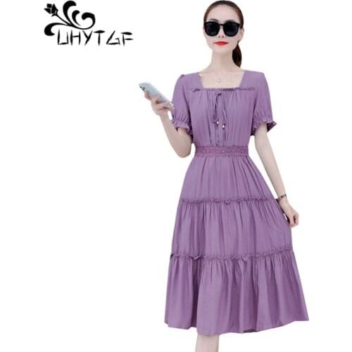UHYTGF Fashion chiffon beach dress womens Korean stitching bandage loose plus size dress elegant summer dresses for women 1698
