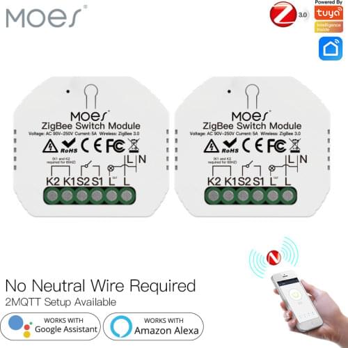 Moes 2MQTT Tuya ZigBee Smart Light Switch Module No Neutral Wire Single Fire Smart Life App Control Works with Alexa Google Home
