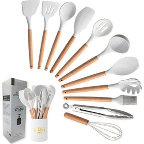 Marbled White Wooden Handle Food Grade High-quality Silicone Kitchenware Set Cooking Tools 11-piece Non-stick Cookware
