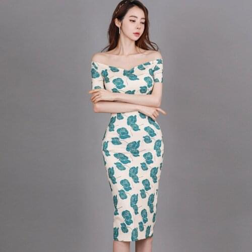 New Arrival Fashion Korean Style Summer Midi Party Dress Women Elegant Sexy Off-shoulder Short Sleeve Print Beach skinny Dress