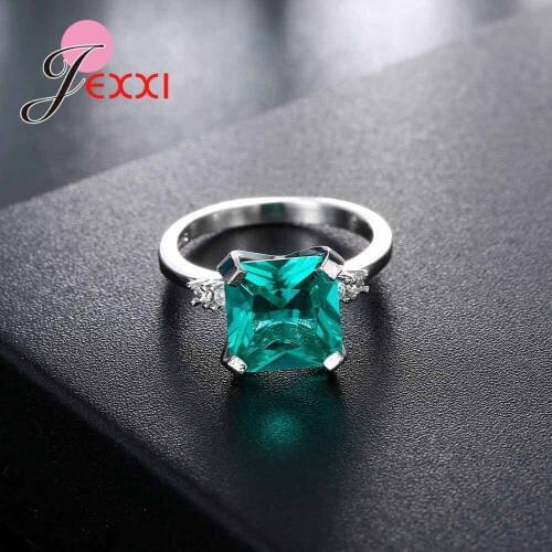 Square Green Crystal Wedding Engagement Rings Jewelry For Woman Bridal 925 Sterling Silver Party Finger Ring For Female