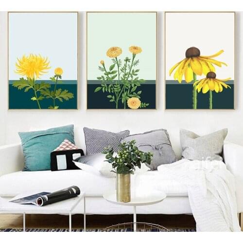 Yellow Chrysanthemum Flower Painting for Living Room Poster Print Flower Nordic Canvas Wall Art Decoration Home Design Paint