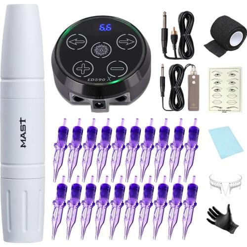 Mast Magi Two Stoke Length Tattoo PMU RCA Rotary Machine Pen Makeup Kit with LED Display Power Supply Pro Cartridge Needles Set