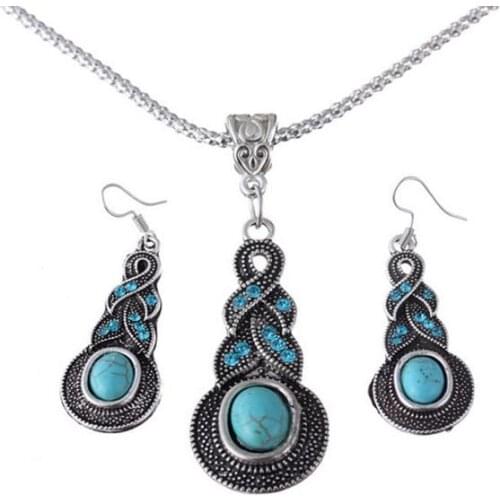 Bohemia Women Water Drops Green Turquoise Chunky Pendant Necklace Earrings Set Geometric Vintage Necklaces For Teen Girls