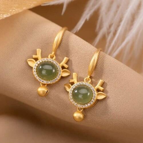 Pure S925 Silver Earrings Natural Green Jadeite Deer Dangle Earrings Fashion Earrings