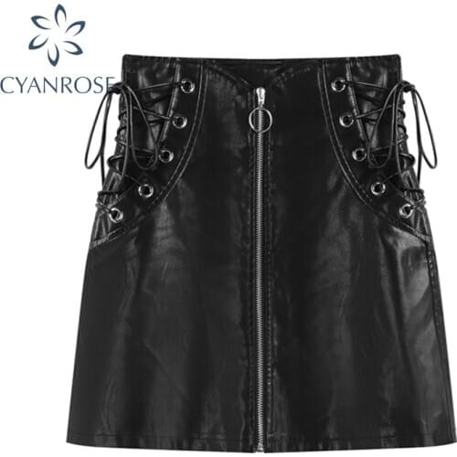 A-Line PU Faux Leather Womens Skirts Zipper Drawstring Lace Up Skirt Female Party Club Midi Crop Skirt Sexy Tide Bodycon Skirts