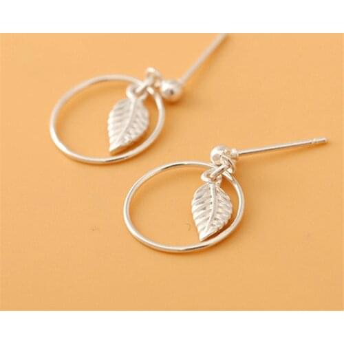 2021 New Arrival Cute Small Plant Leaf Stud Earrings For Women Tibitan Silver Round Circles Tassel Temperament Ladies Jewelry