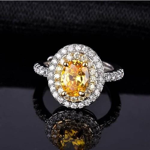 QTT New Luxury 925 Sterling Silver Ladies Ring Oval Yellow Crystal Zircon Wedding Ring Open Adjustable Rings Jewelry Women
