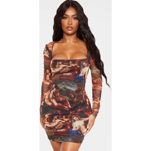 Womens Summer Dress Sexy Square Neck Bandage Mini Dress Angel Printed All Over Slim Long Sleeves High Waist Nightclub Party