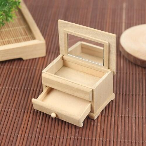 1/12 Doll House Drawers Miniature Vanity Table with Flip Up Mirror & Drawers Bedside Drawer Cabinet Model for Children Gifts