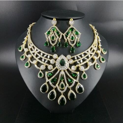 2021 new fashion luxury green water drop zircon golden necklace earrings,wedding bride dinner party dress jewelry free shipping
